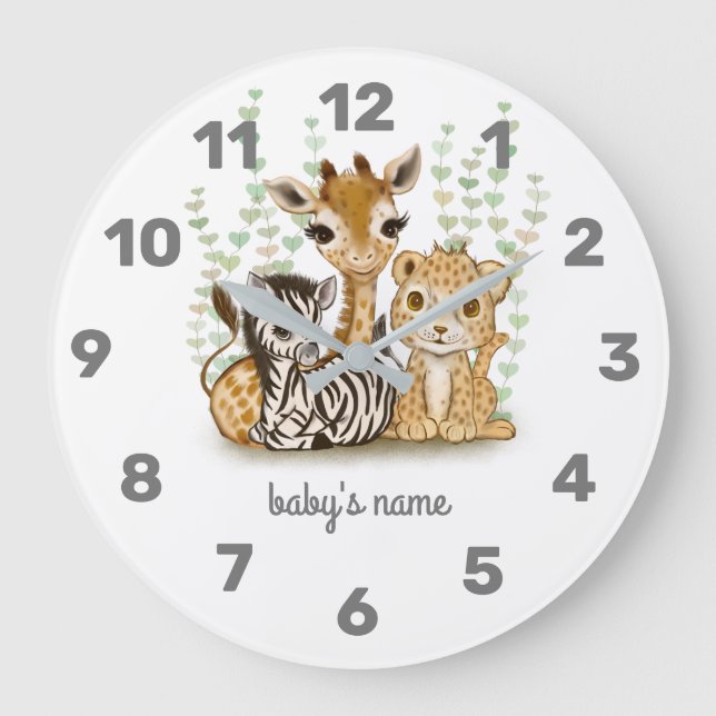 Cute Safari Animal Nursery Decor Wall Clock (Front)