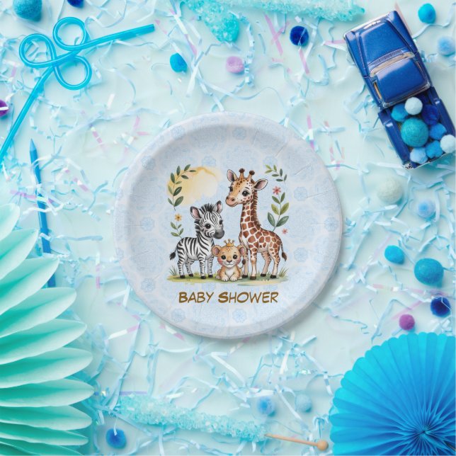 Cute Safari Animal Trio Boy Baby Shower Paper Plate (Party)