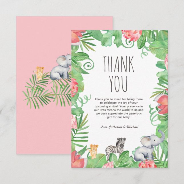 Cute Safari Animal Tropical Floral Baby Shower  Thank You Card (Front/Back)