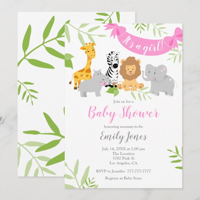 Cute Safari Animals Baby Shower Girl Invitation (Front/Back)