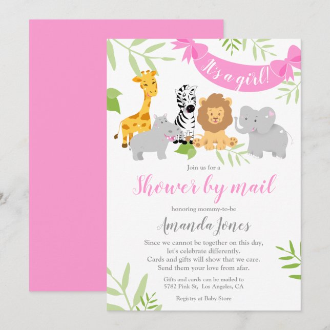 Cute Safari Animals Baby Shower Girl Invitation (Front/Back)