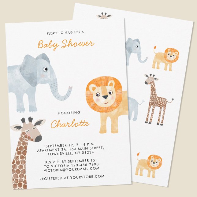 Cute Safari Animals Baby Shower Invitation (Safari animal watercolor personalized baby shower invitation with original art by Nic Squirrell. )