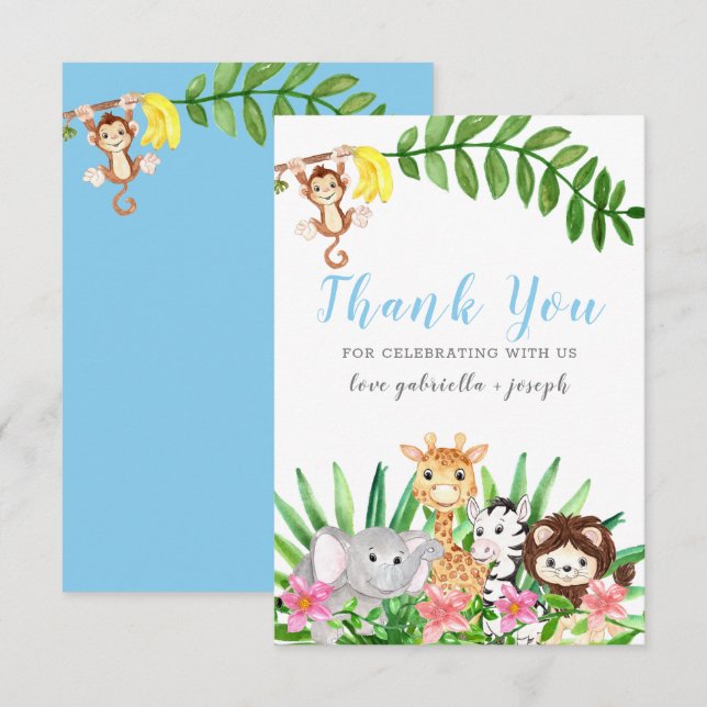 Cute Safari Animals | Blue Baby Boy Shower Thank You Card (Front/Back)