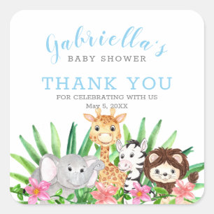 Cute Safari Animals  Blue Baby Shower Thank You Square Sticker