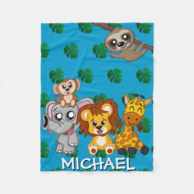 Cute Safari Animals Blue Cartoon Jungle Name Boy Fleece Blanket (Front)