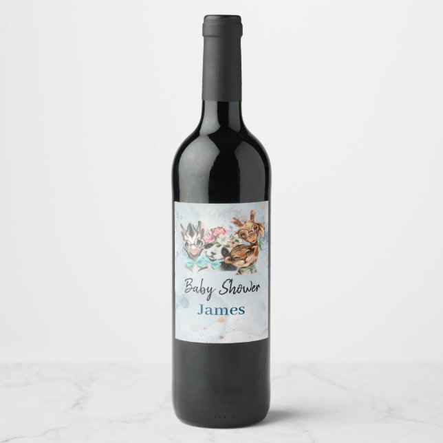Cute Safari Animals blue jungle  Wine Label (Front)