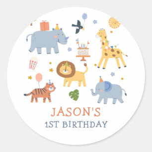  Cute Safari Animals Boy 1st Birthday Classic Round Sticker