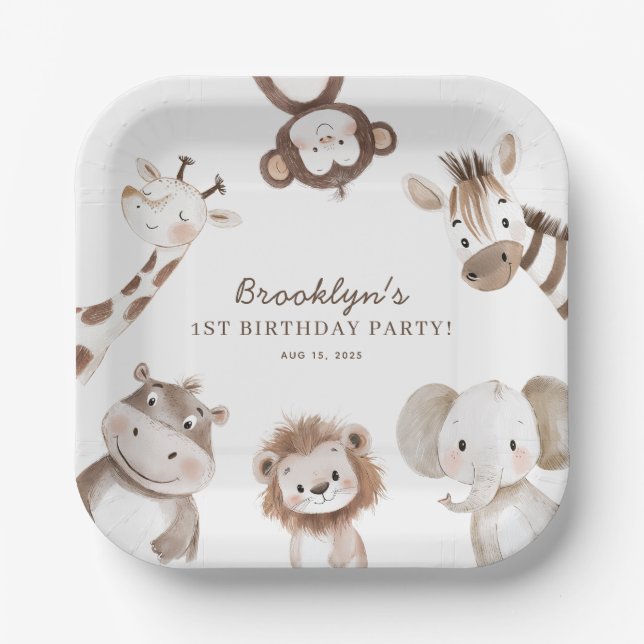 Cute Safari Animals Boy Birthday Party Kids Paper Plate (Front)