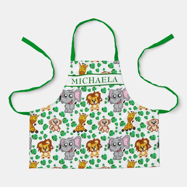 Cute Safari Animals Cartoon Jungle Pattern Name Apron (Front)