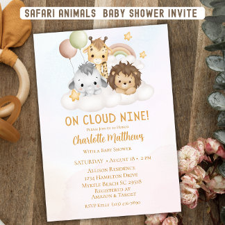 Cute Safari Animals Cloud Nine 9 Baby Shower Invitation