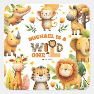 Cute Safari Animals Festive WILD ONE 1st Birthday Square Sticker