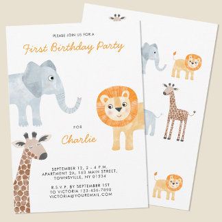 Cute Safari Animals First 1st Birthday Party Invitation