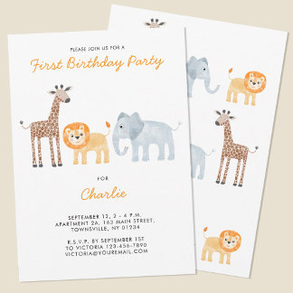 Cute Safari Animals First Birthday Party Invitation
