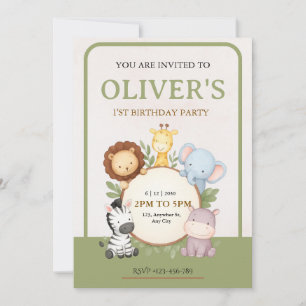 Cute Safari Animals First Birthday Party Invite
