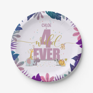Cute Safari Animals Four Ever Wild Girl Birthday Paper Plate