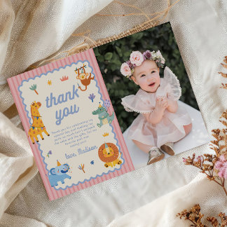Cute Safari Animals Girl 1st Birthday Photo Thank You Card