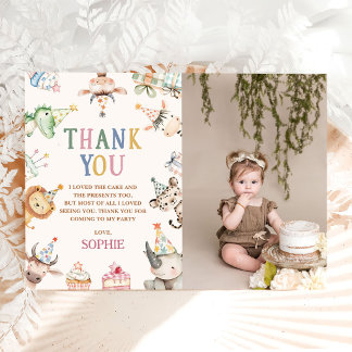 Cute Safari Animals Girl 1st Birthday Photo Thank You Card
