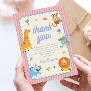 Cute Safari Animals Girl 1st Birthday Thank You Card