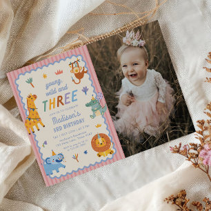 Cute Safari Animals Girl 3rd Birthday Photo Invitation