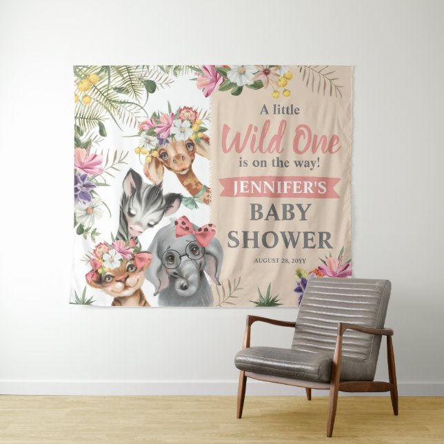 Cute Safari Animals Girl Baby Shower Backdrop Sign Tapestry (In Situ (Horizontal))