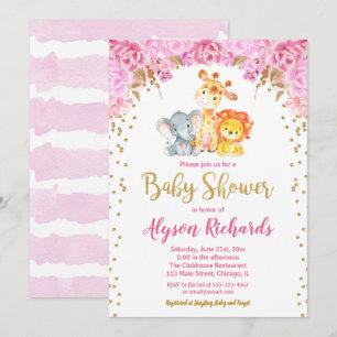 Cute safari animals girl baby shower invitation