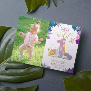 Cute Safari Animals Girl Wild One Photo Birthday I Invitation