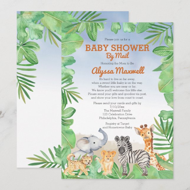 Cute Safari Animals | Greenery Baby Shower by Mail Invitation (Front/Back)