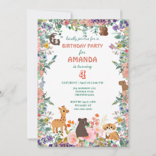 Cute safari animals Jungle flower Birthday Party  Invitation