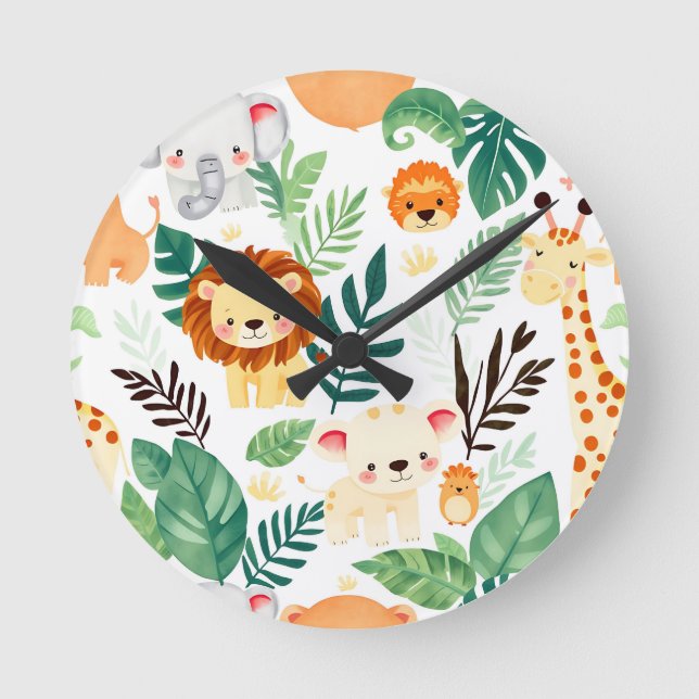 Cute Safari Animals Jungle Pattern Round Clock (Front)