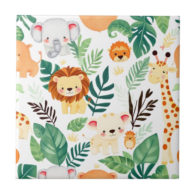 Cute Safari Animals Jungle Pattern Tile (Front)