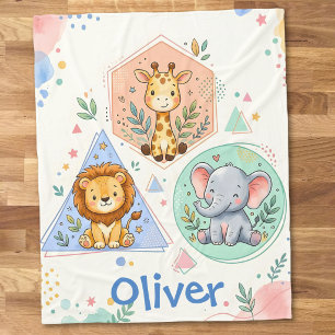 Cute Safari Animals Lion Giraffe Elephant Fleece Blanket