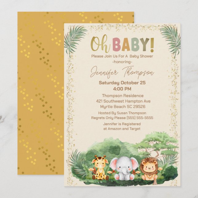 Cute  Safari Animals Nature Beige Baby Shower  Invitation (Front/Back)