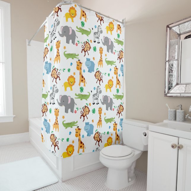 Cute Safari Animals Nursery Pattern Shower Curtain (In Situ)