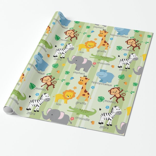Cute Safari Animals Nursery Pattern Wrapping Paper (Unrolled)