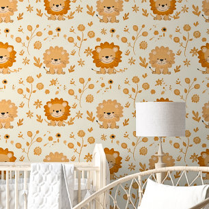 Cute Safari Animals Orange Brown Lions on Cream Wallpaper