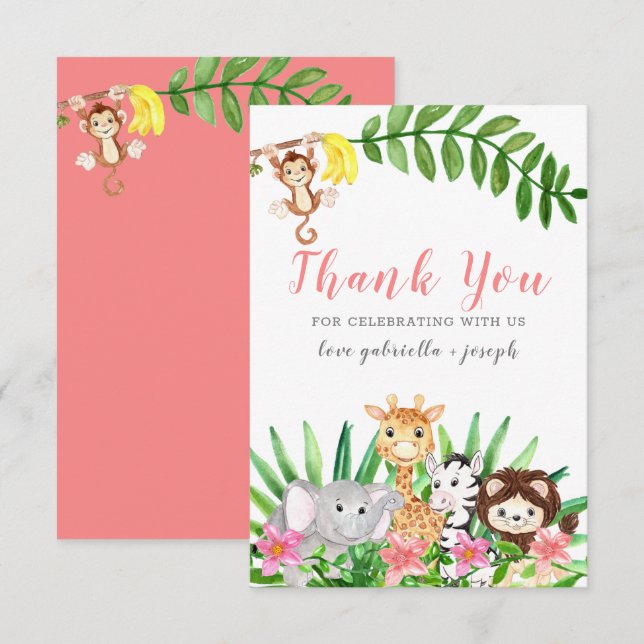 Cute Safari Animals | Pink Baby Girl Shower Thank You Card (Front/Back)