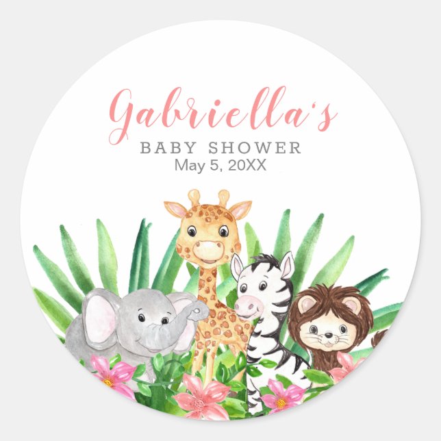 Cute Safari Animals | Pink Baby Shower Classic Round Sticker (Front)