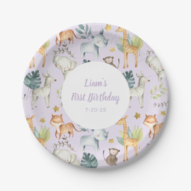 Cute safari animals purple girl 1st birthday paper plate (Front)