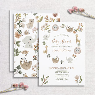 Cute Safari Animals Script Boho Baby Shower Invitation