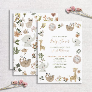 Cute Safari Animals Script Brown Boho Baby Shower Invitation