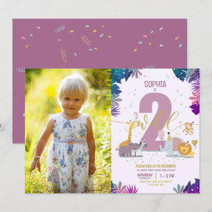 Cute Safari Animals Two Wild Girl Photo Birthday Invitation
