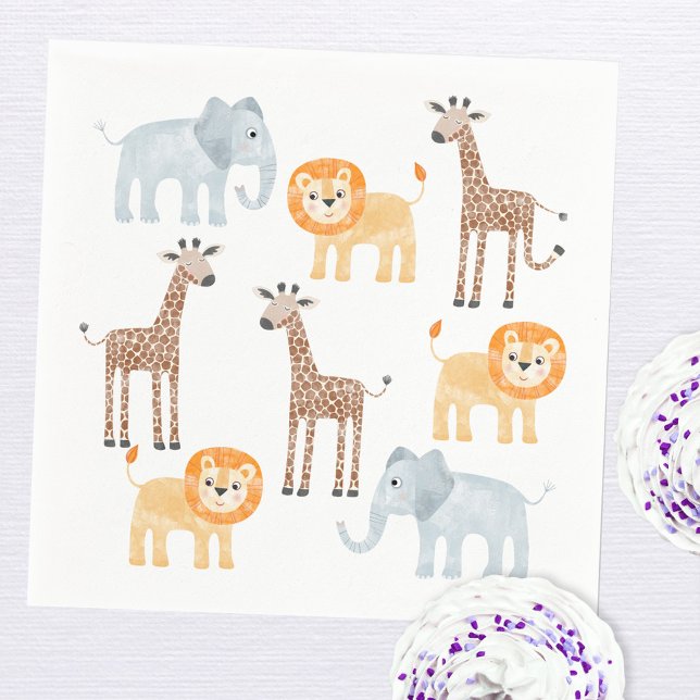 Cute Safari Animals Watercolor Pattern Napkin (Cute watercolor safari animal pattern paper party napkins)