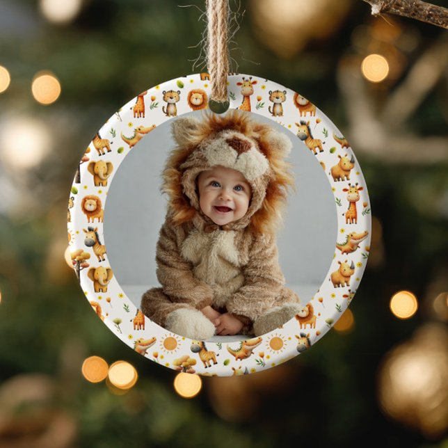 Cute Safari Animals WILD ONE 1st Birthday Photo Ceramic Tree Decoration (Creator Uploaded)