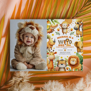 Cute Safari Animals WILD ONE 1st Birthday Photo  Invitation