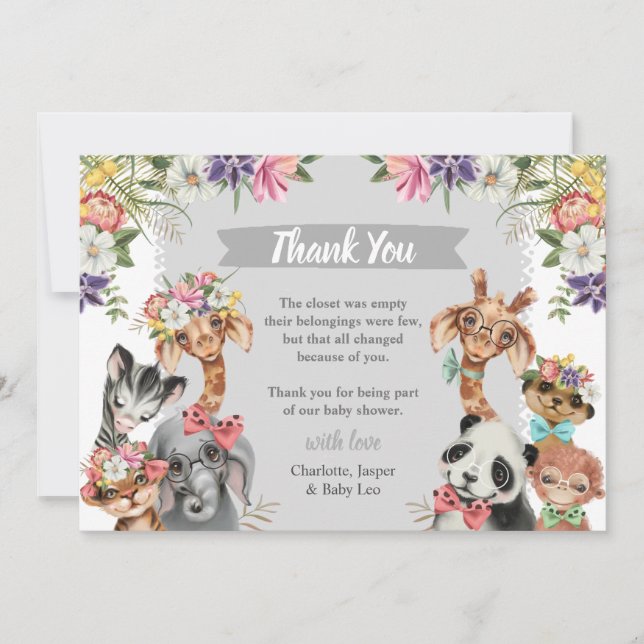 Cute Safari Animals Wild One Boy Baby Shower Thank Thank You Card (Front)
