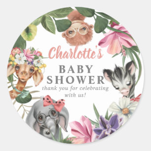 Cute Safari Animals Wild One Girl Baby Shower Classic Round Sticker