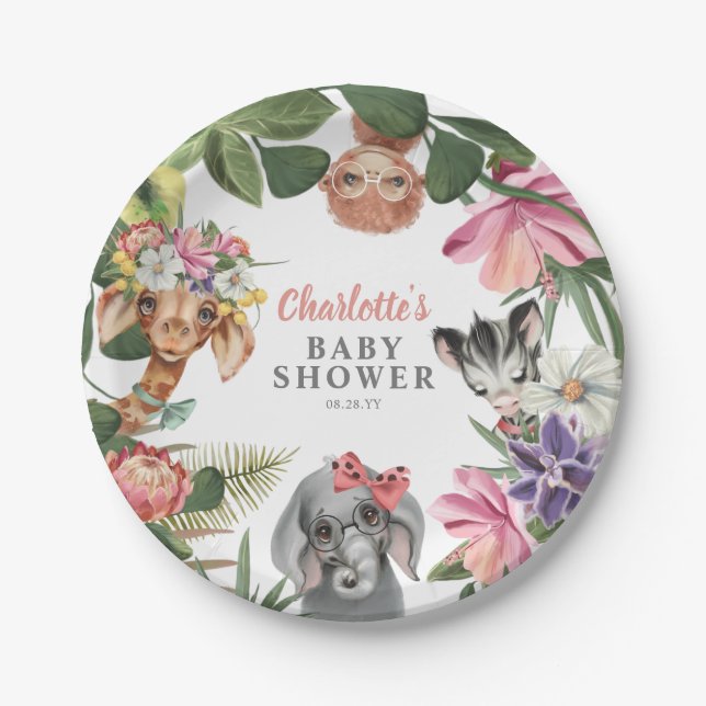 Cute Safari Animals Wild One Girl Baby Shower  Paper Plate (Front)