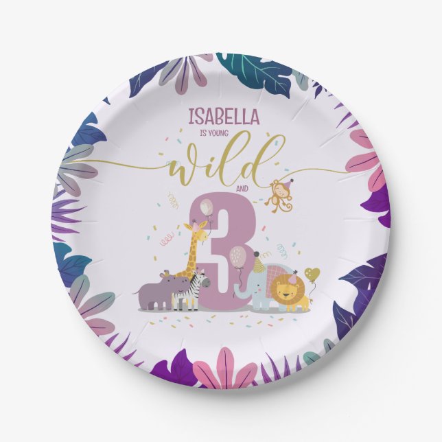 Cute Safari Animals Young Wild & 3 Girl Birthday Paper Plate (Front)
