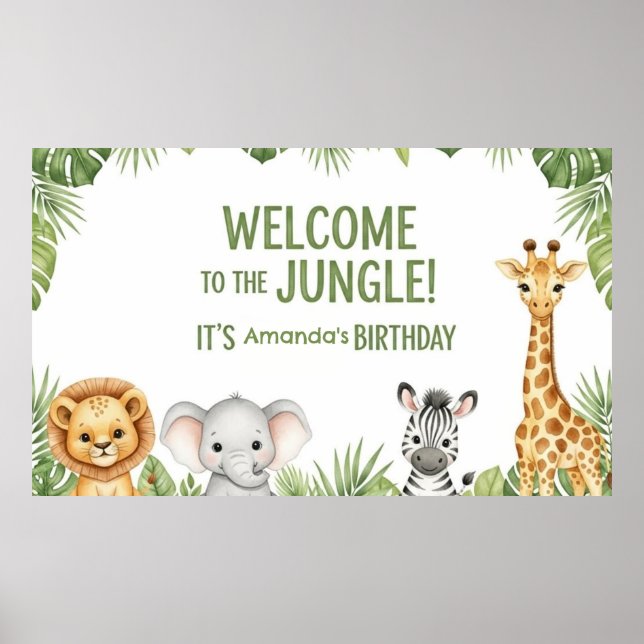 Cute Safari Baby Animals Welcome Birthday Poster (Front)