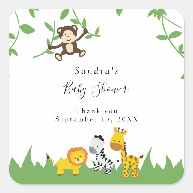 Cute Safari Baby Shower Background Jungle Animals Square Sticker (Front)